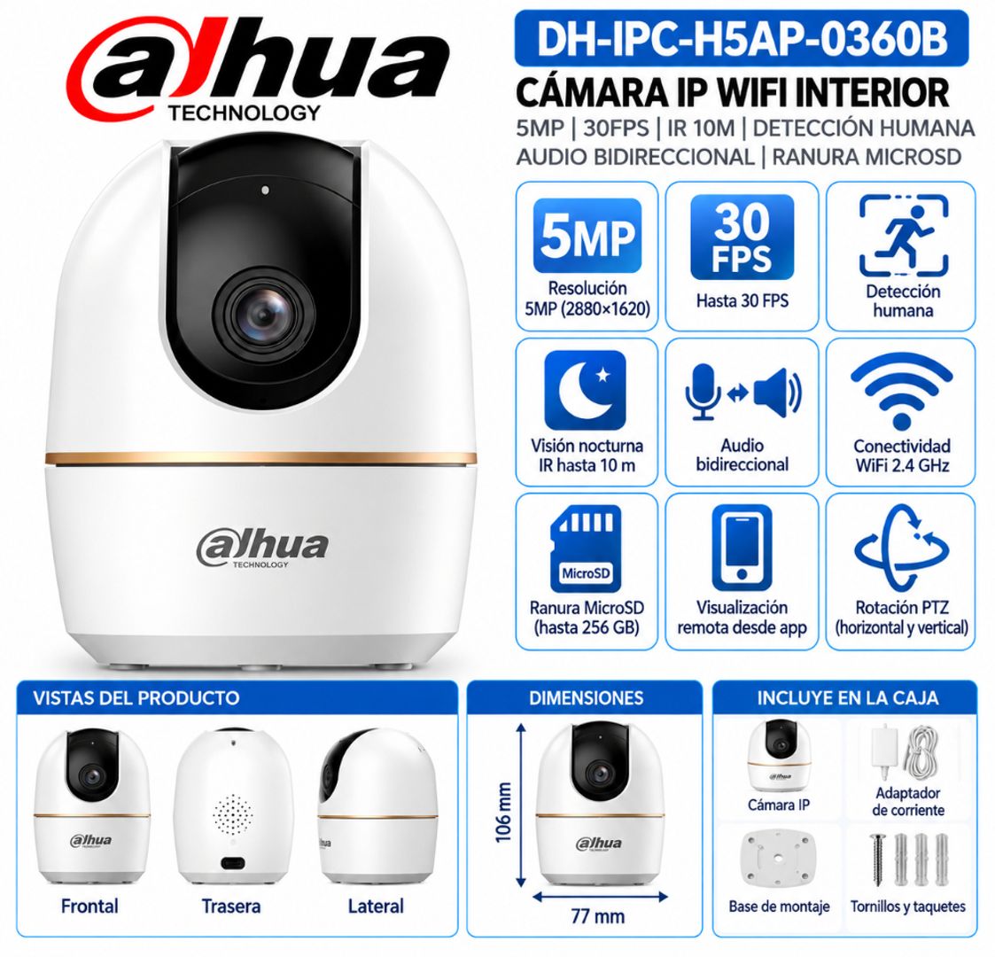 Cámara Dahua IP WiFi 5MP – DH-IPC-H5AP-0360B