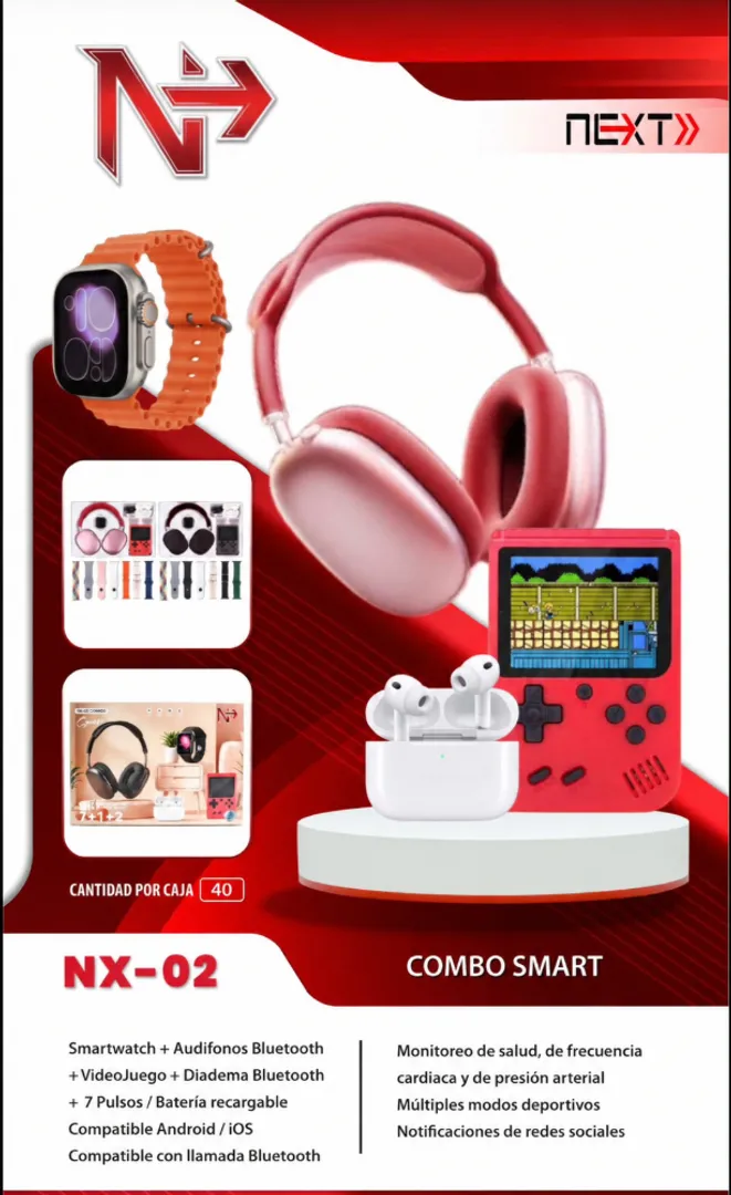 COMBO NX-02 KIT DE RELOJ SMART WATCH DIADEMA P9 MINI CONSOLA Y AIRPODS PRO 5