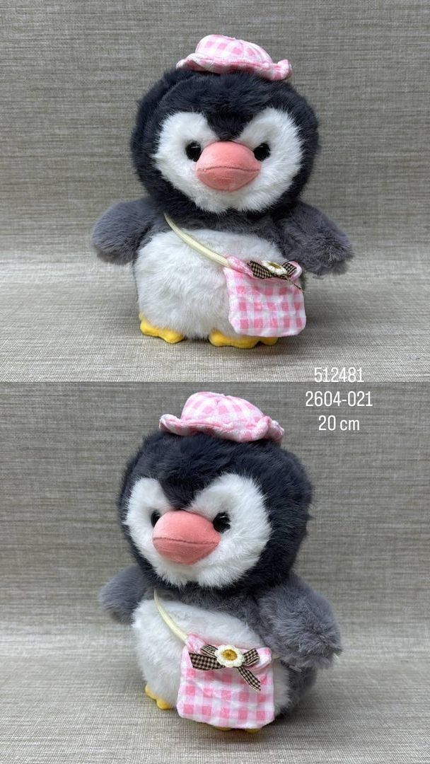 PINGUINO CON SOMBRERO Y BOLSO ROSA DE  20 CM 