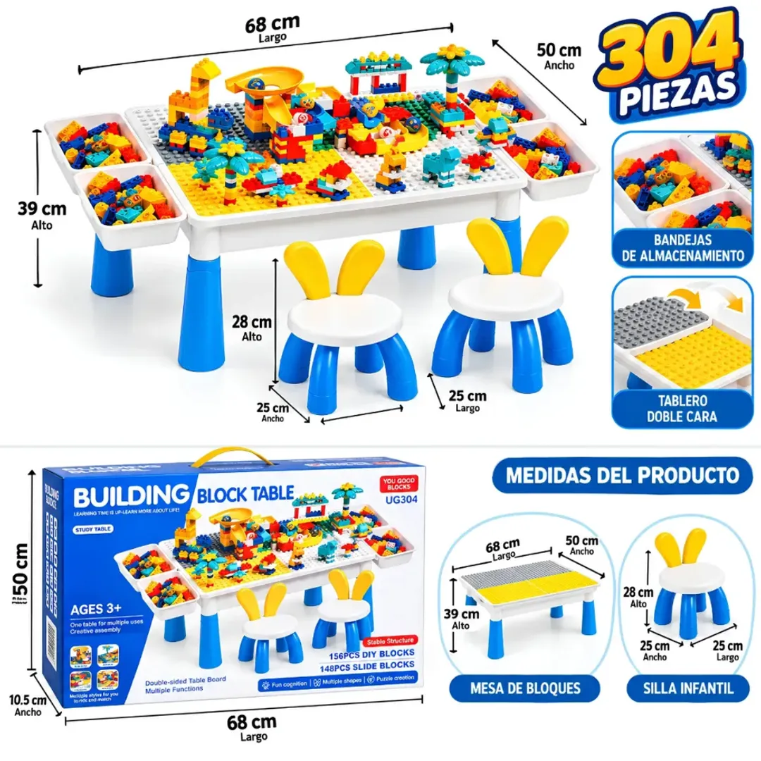 MESA INFANTIL DE BLOQUES DIDACTICA MULTIFUNCIONAL 304 PCS