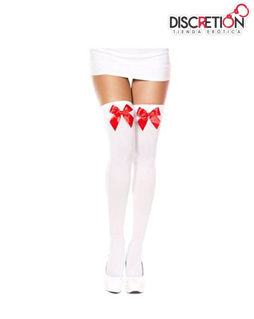 MEDIAS LIGUERO CLASICA BLANCA MOÑO ROJO