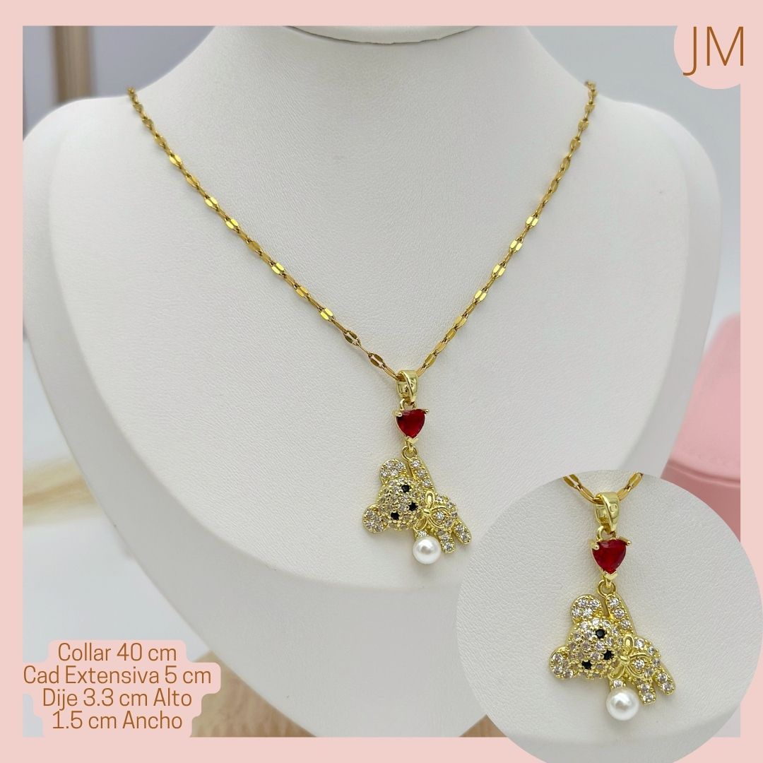  Collar Acero Inoxidable Dije Osito Corazón rojo