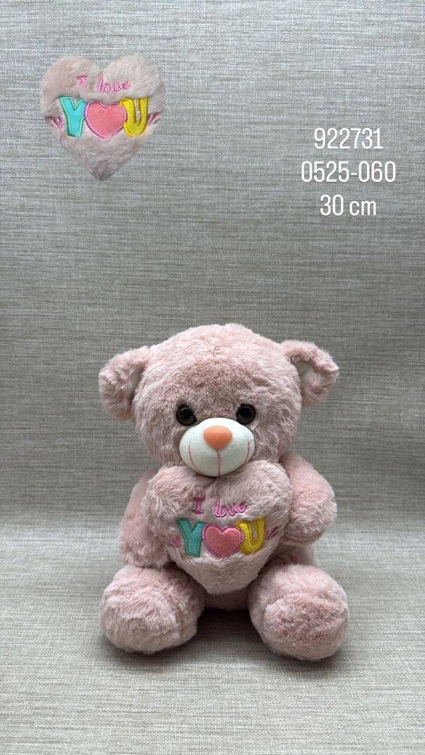 OSO CON CORAZON "I Love You" rosado claro 30 cm