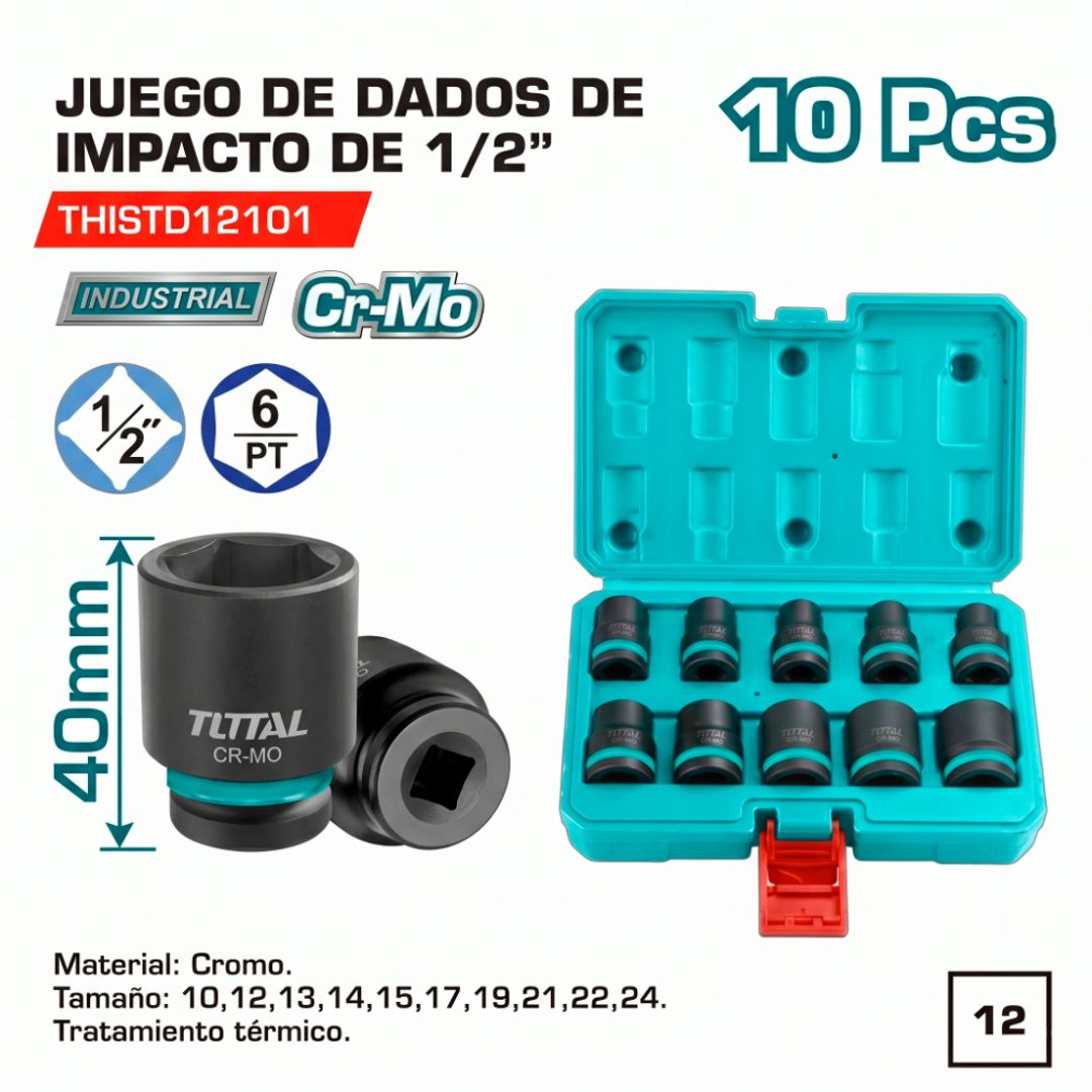 SET DE DADOS DE IMPACTO CORTOS 10 PIEZAS ½” 10-24MM