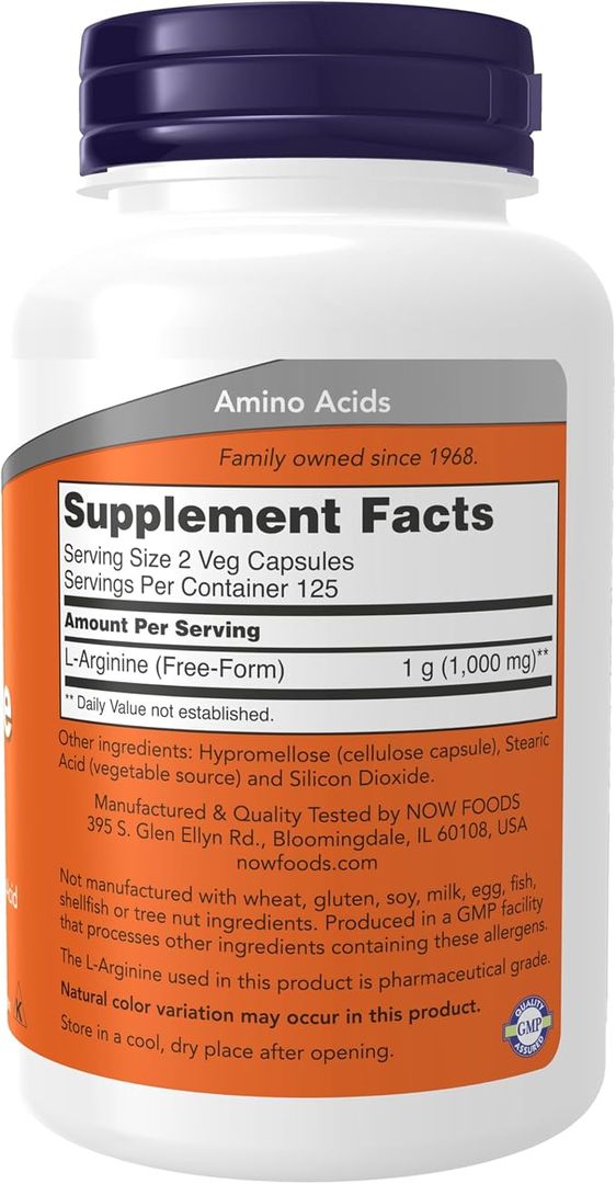  L arginina 500 mg, precursor de óxido nítrico, aminoácidos, 250 cap NOW