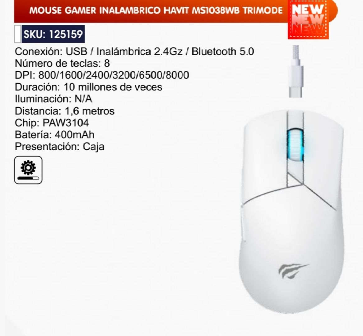 MOUSE GAMER INALÁMBRICO BLANCO TRIMODE HAVIT
