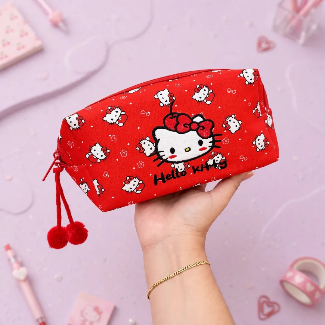 CARTUCHERA HELLO KITTY CON PIEDRITAS & POMPONES