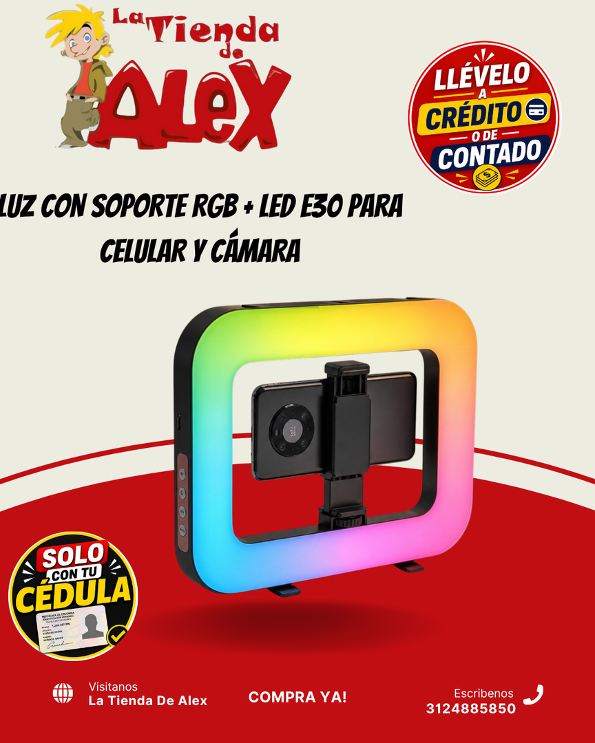 LUZ CON SOPORTE RGB + LED E30 PARA CELULAR Y CÁMARA