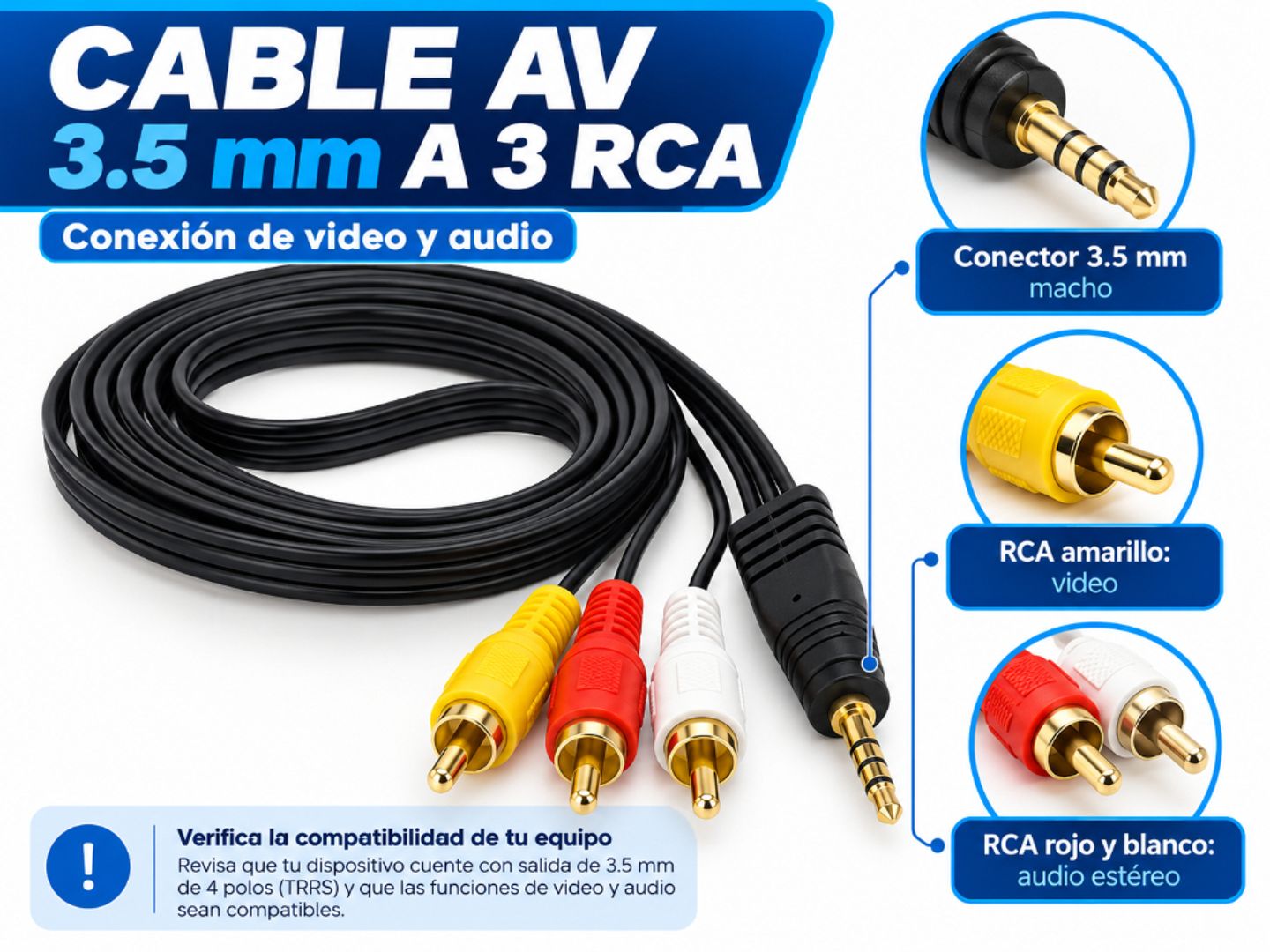  Cable AV 3.5 mm a 3 RCA – Audio y Video