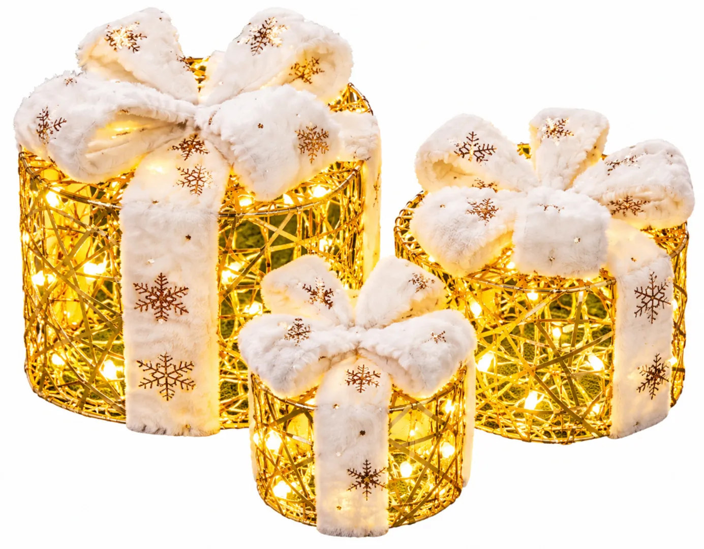 REGALOS X 3 TIPO CILINDRICOS DORADO CON BLANCO Y LUZ CALIDA