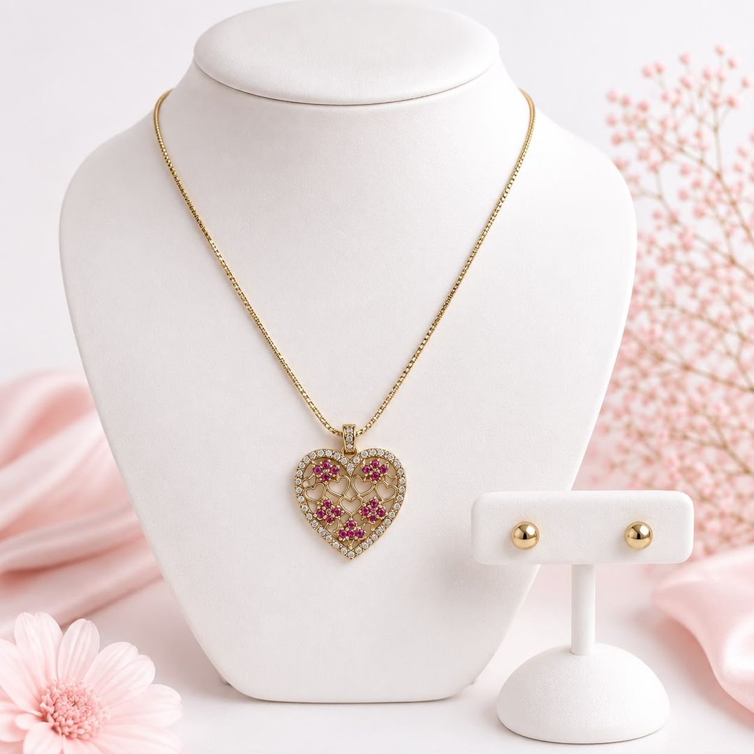 Set Collar Corazón Circonado con cadena ajustable + aretes