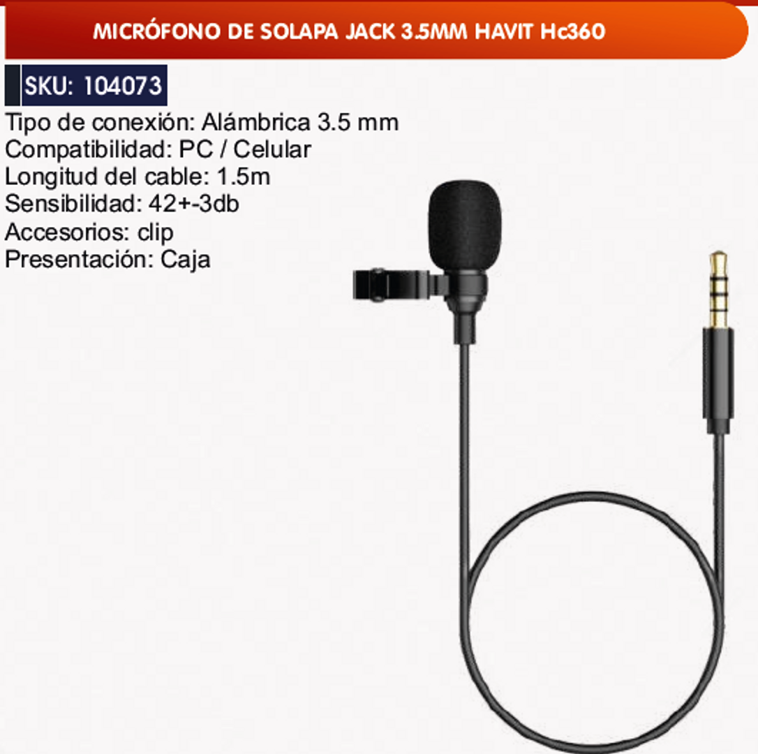 MICRÓFONO DE SOLAPA JACK 3.5MM HAVIT Hc360