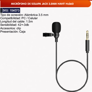 Imagen del producto MICRÓFONO DE SOLAPA JACK 3.5MM HAVIT Hc360