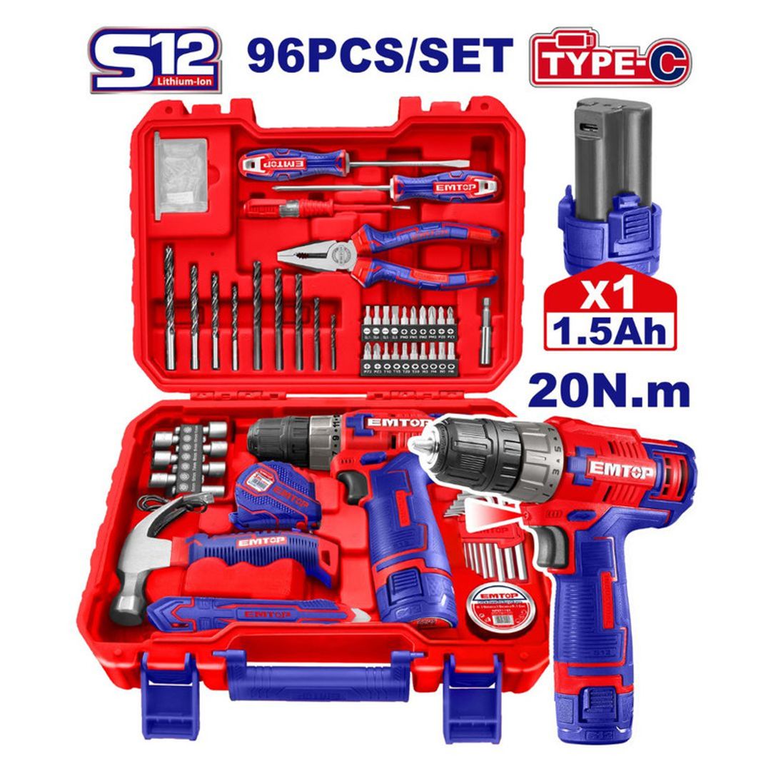 EMTOP TALADRO 3/8 INALAM 12V 1 BATERIA 1.5Ah KIT 96 PCS SUPER EMTOP