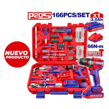 EMTOP TALADRO 1/2 BL PERCUTOR 66N-m INALAM 20V+166PCS+1BAT 2.0Ah+CARGADOR - imagen 1