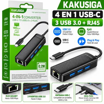 Imagen del producto Adaptador USB-C 4 en 1 KAKUSIGA – 3 puertos USB 3.0 + Ethernet RJ45