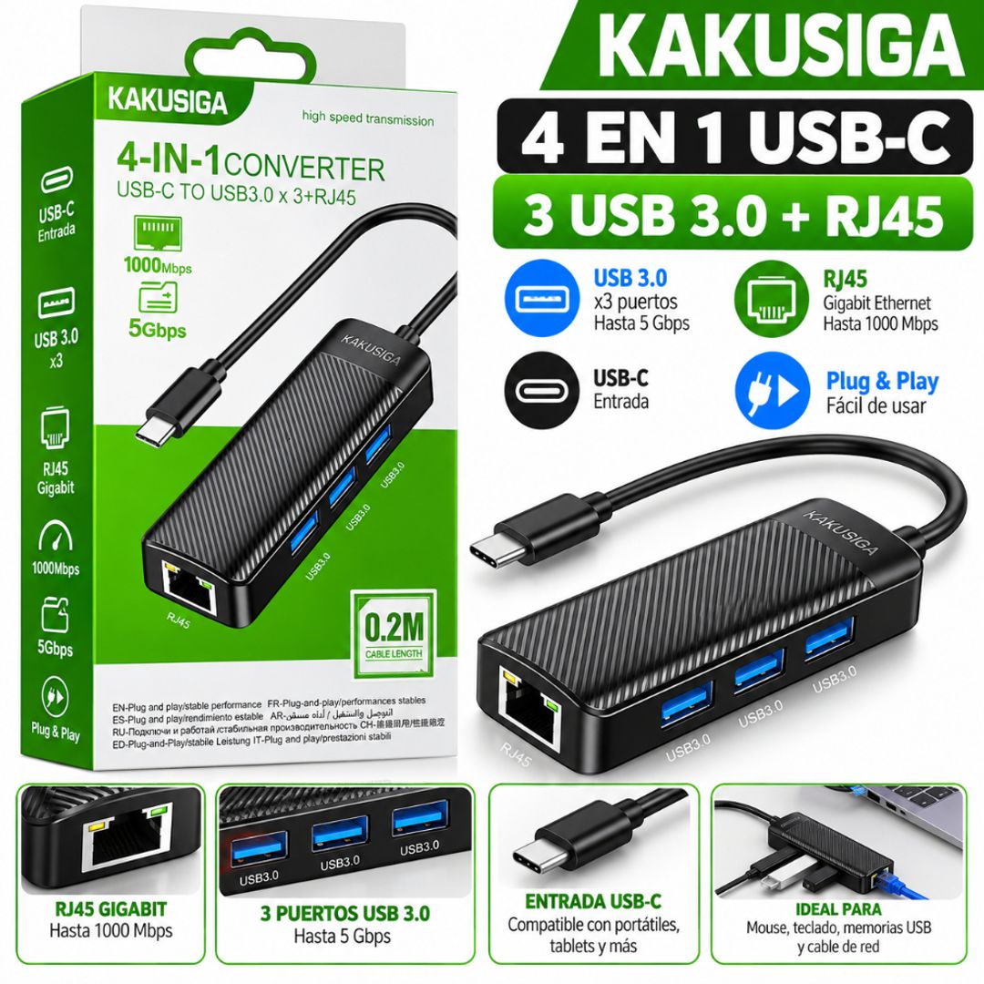 Adaptador USB-C 4 en 1 KAKUSIGA – 3 puertos USB 3.0 + Ethernet RJ45