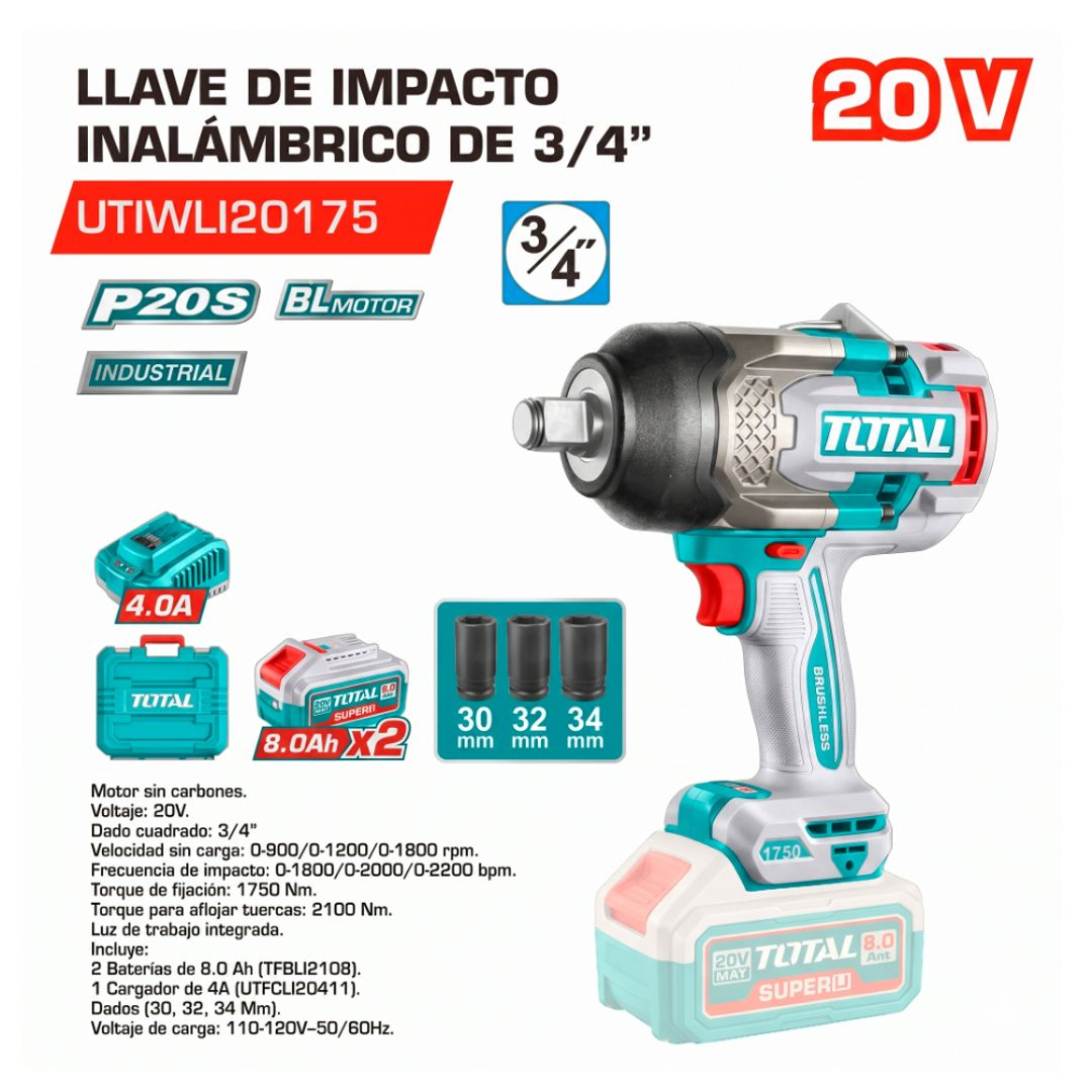 LLAVE DE IMPACTO INALAMBRICO 20V 3/4" 1750NM