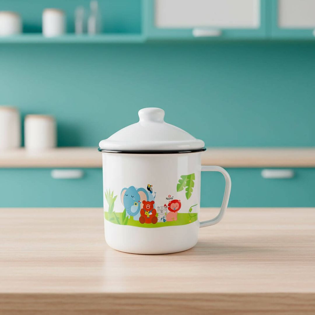 JARRO INFANTIL EN PELTRE ESMALTADO CON TAPA