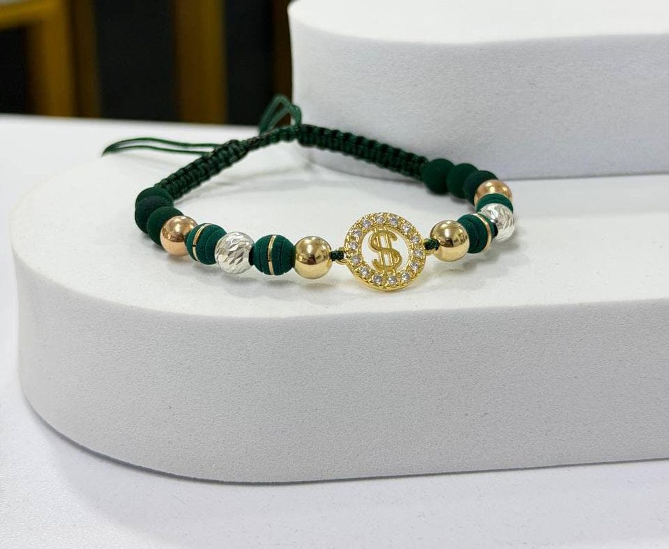 Pulsera tejida signo pesos balin 6mm en 3 oros