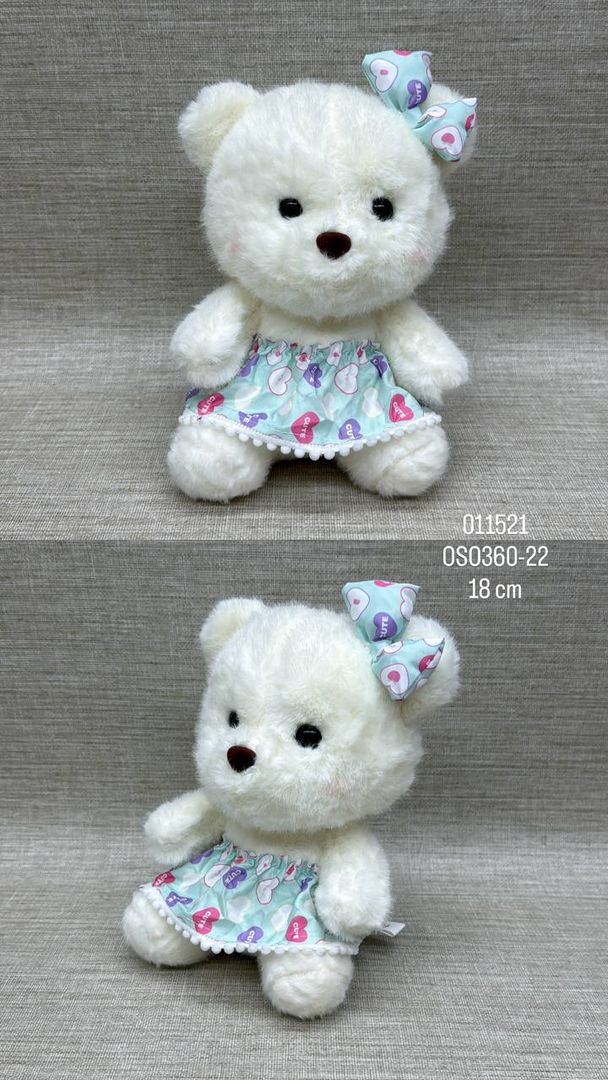OSA CON VESTIDO Y MOÑO AZUL 18 CM