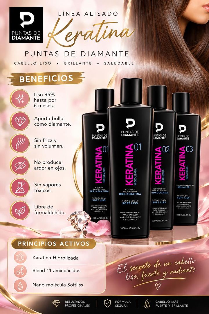 PUNTAS DE DIAMANTE KERATINA HIDROLIZADA TECNOLOGIA SOFT LISS PASO ALISADOR 1000 ML 
