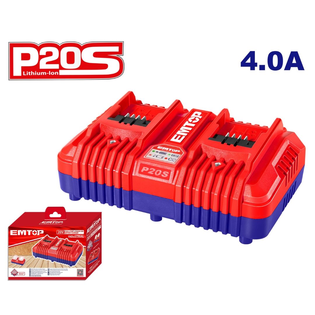 EMTOP CARGADOR DOBLE BATERIA 20V/2.0Ah ION DE LITIO