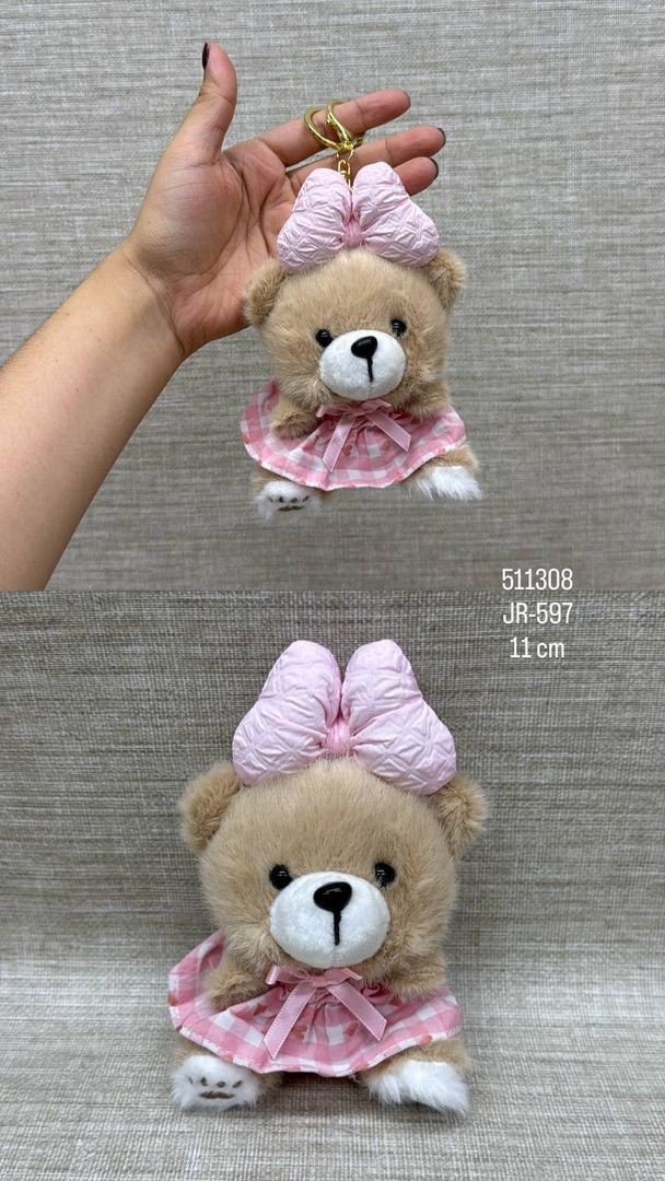 LLAVERO DE OSITA CON MOÑO Y VESTIDO