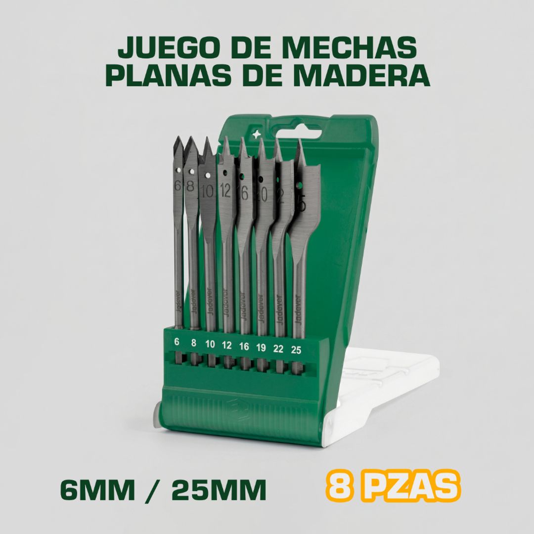 JUEGO DE MECHAS PLANAS DE MADERA 8 PIEZAS 6MM / 25MM