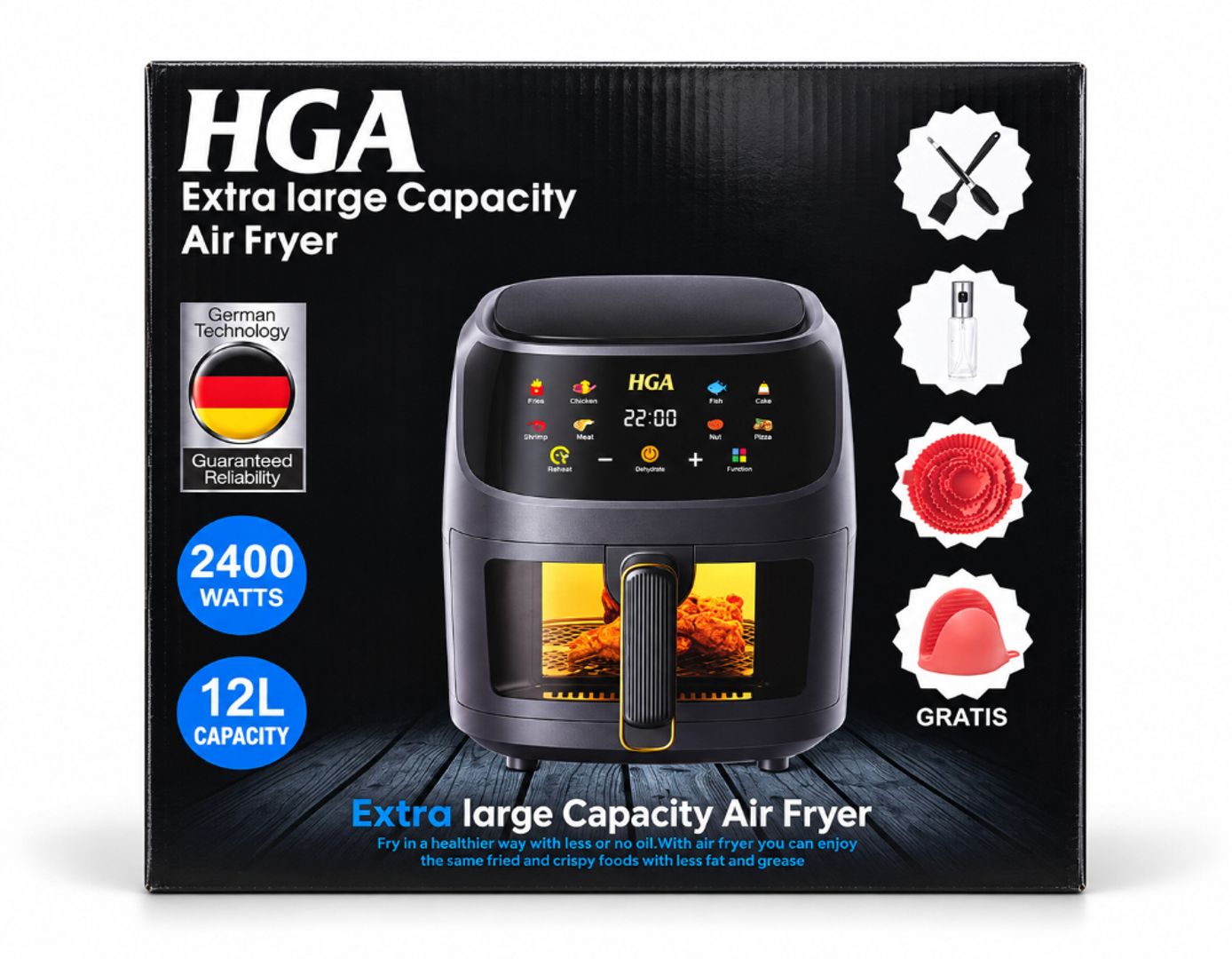 FREIDORA DE AIRE 12 LITROS CON ACCESORIOS HGA