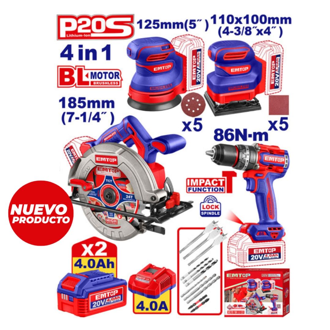EMTOP COMBO 4PC TALADRO 1/2PERC 86Nm+LIJ PALMA+LIJA ROTO+SIERRA+2BAT 4Ah+CARG+AC