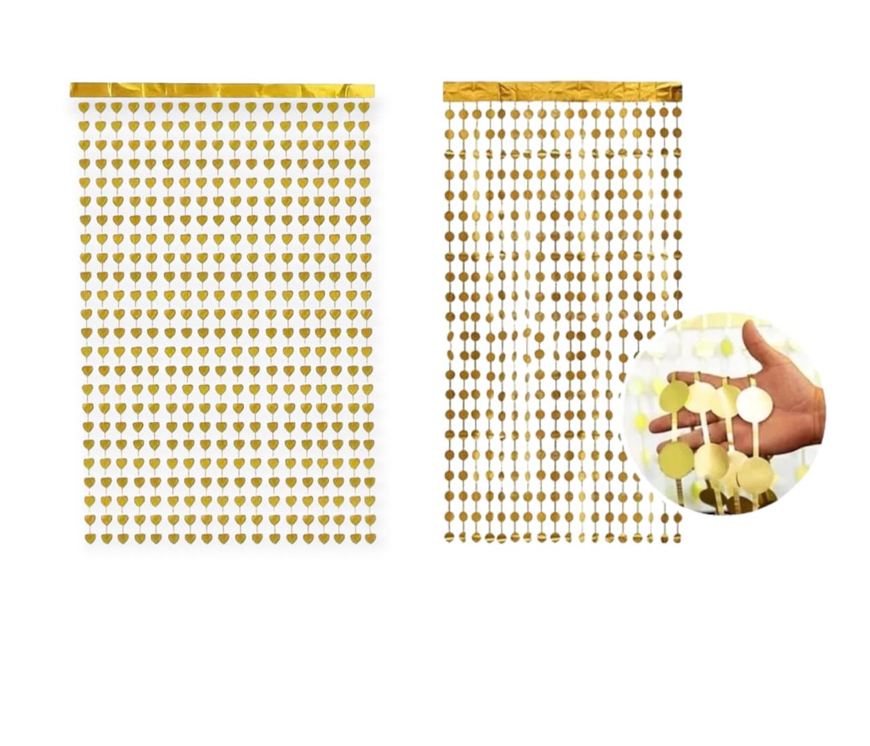 Cortina metalizada de bolas y corazones 