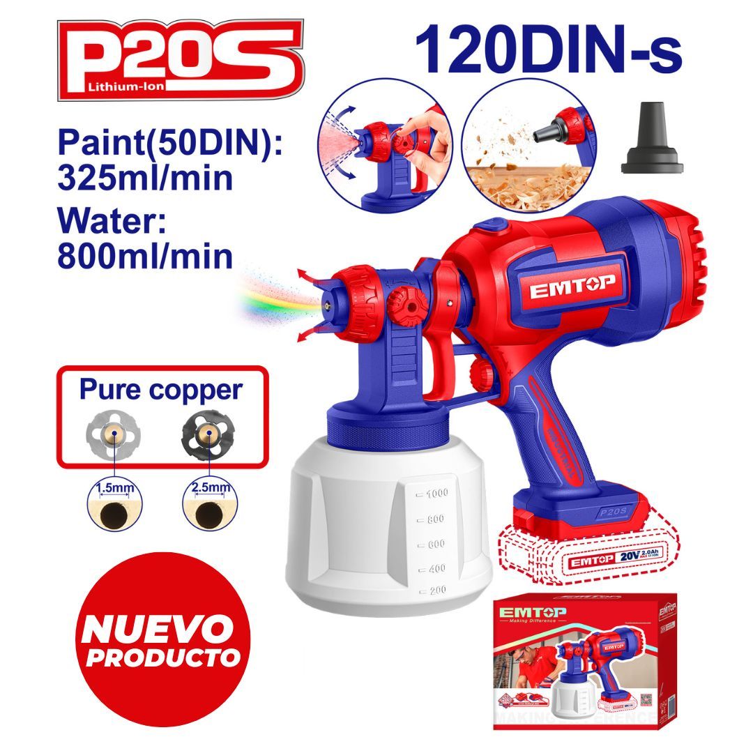 EMTOP PISTOLA PARA PINTAR INALAM 20V CAP 800 ML NO INCLUYE BATERIA NI CARGADOR
