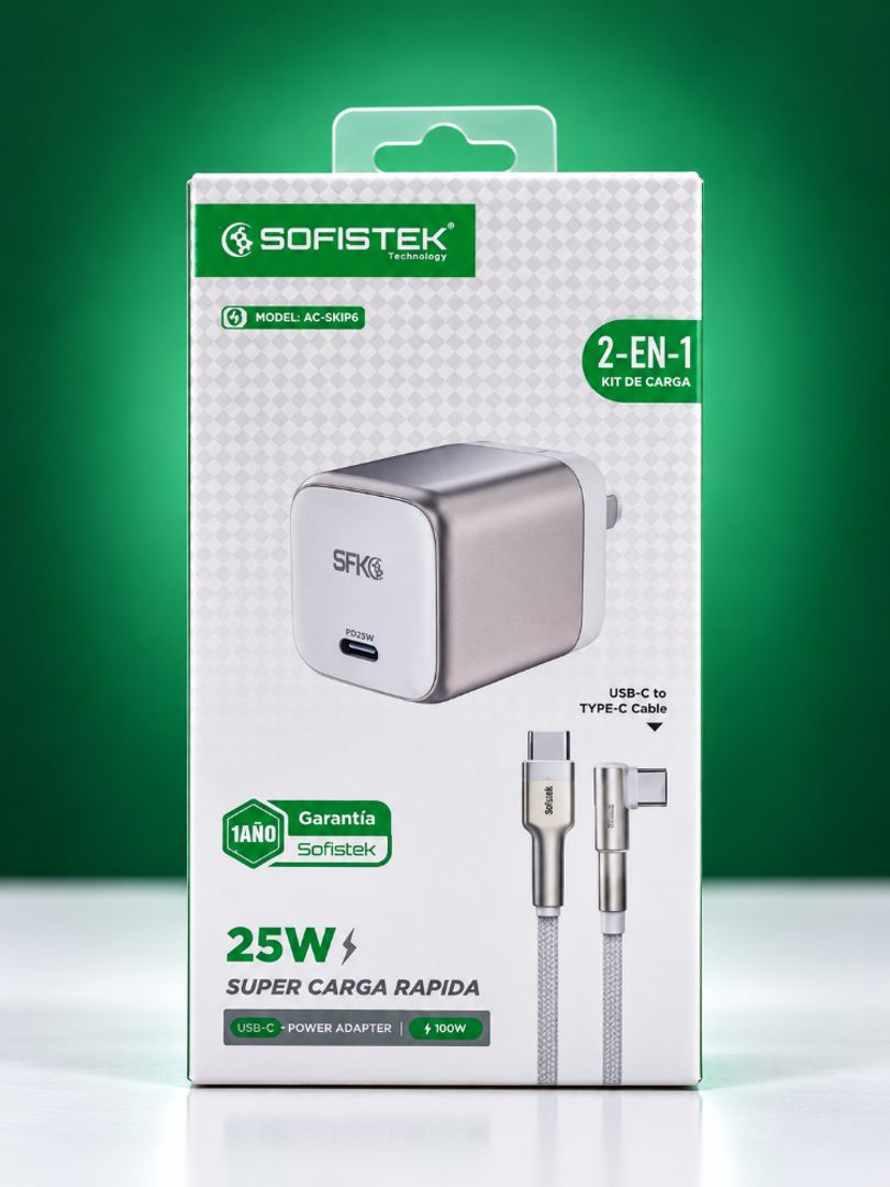 KIT DE CARGA RÁPIDA SOFISTEK 25W – USB-C + CABLE TIPO C