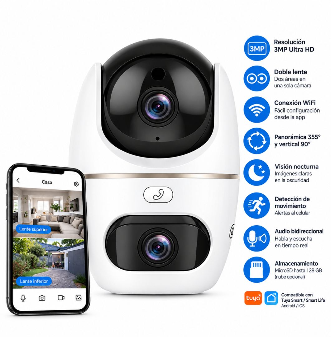 Cámara WiFi Doble Lente Inteligente 3MP Ultra HD