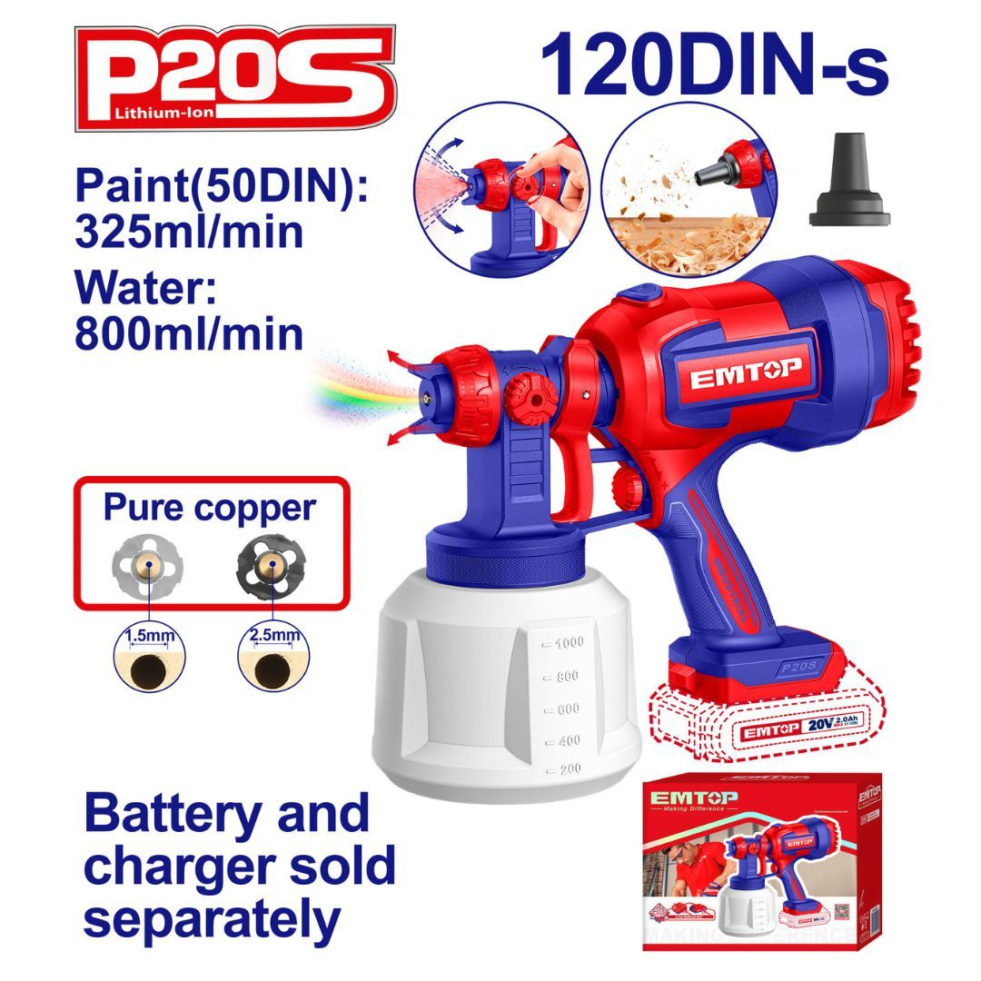 EMTOP PISTOLA PARA PINTAR INALAM 20V CAP 800 ML NO INCLUYE BATERIA NI CARGADOR