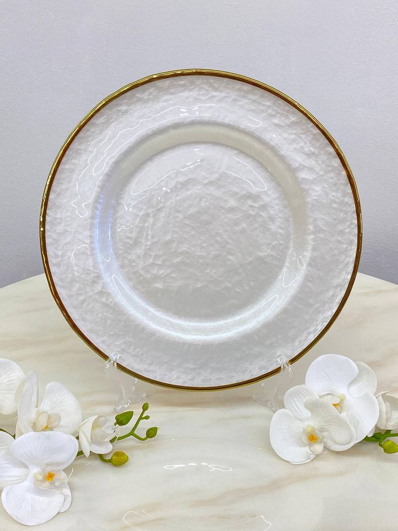 Bajo Plato Cristal Blanco borde Dorado