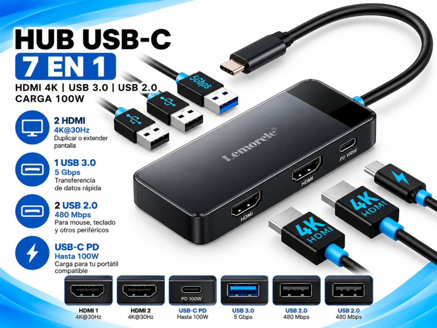 Hub USB-C 7 en 1 con HDMI 4K, USB 3.0 y carga de 100W