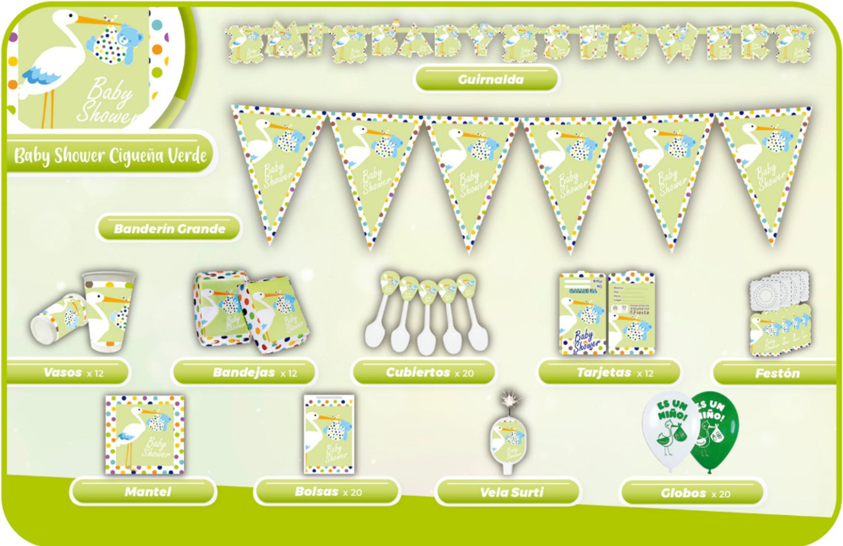 DECORACIÓN BABY SHOWER CIGÜEÑA VERDE