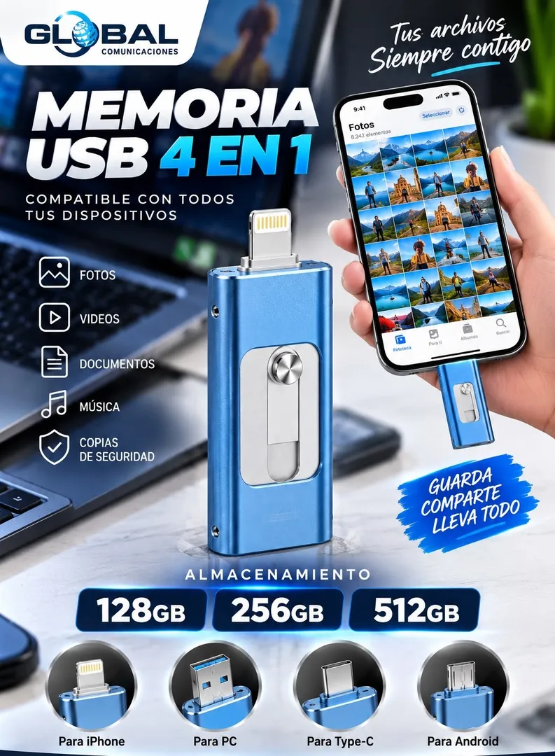 Memoria USB Flash 4 en 1 - iPhone / Android / PC / Tipo C