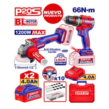 EMTOP COMBO TALADRO 1/2PERC INALAM+PULIDORA 4-1/2+2BAT 4Ah+CARG 4Ah+10DISCOS+ACC - imagen 1