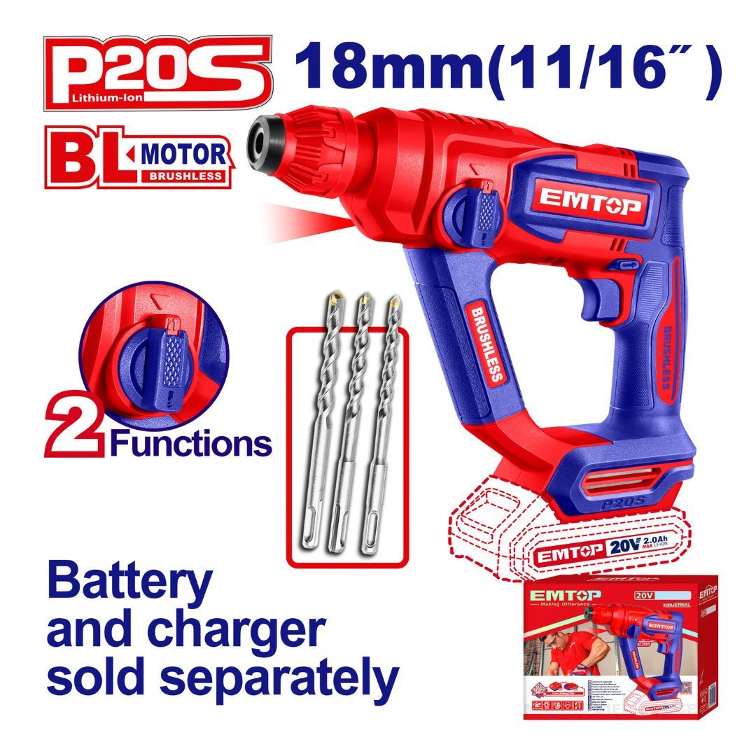 EMTOP ROTOMARTILLO 18MM INALAM 20V C1.8J SDS PLUS NO INCLUYE BATERIA NI CARGADOR 