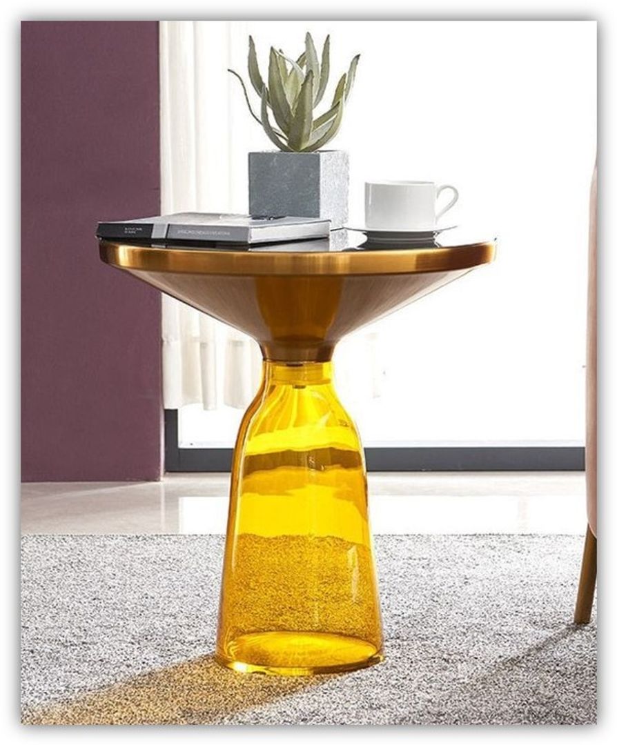 MESA EN ACERO DORADO Y VIDRIO NEGRO Y AMARILLO