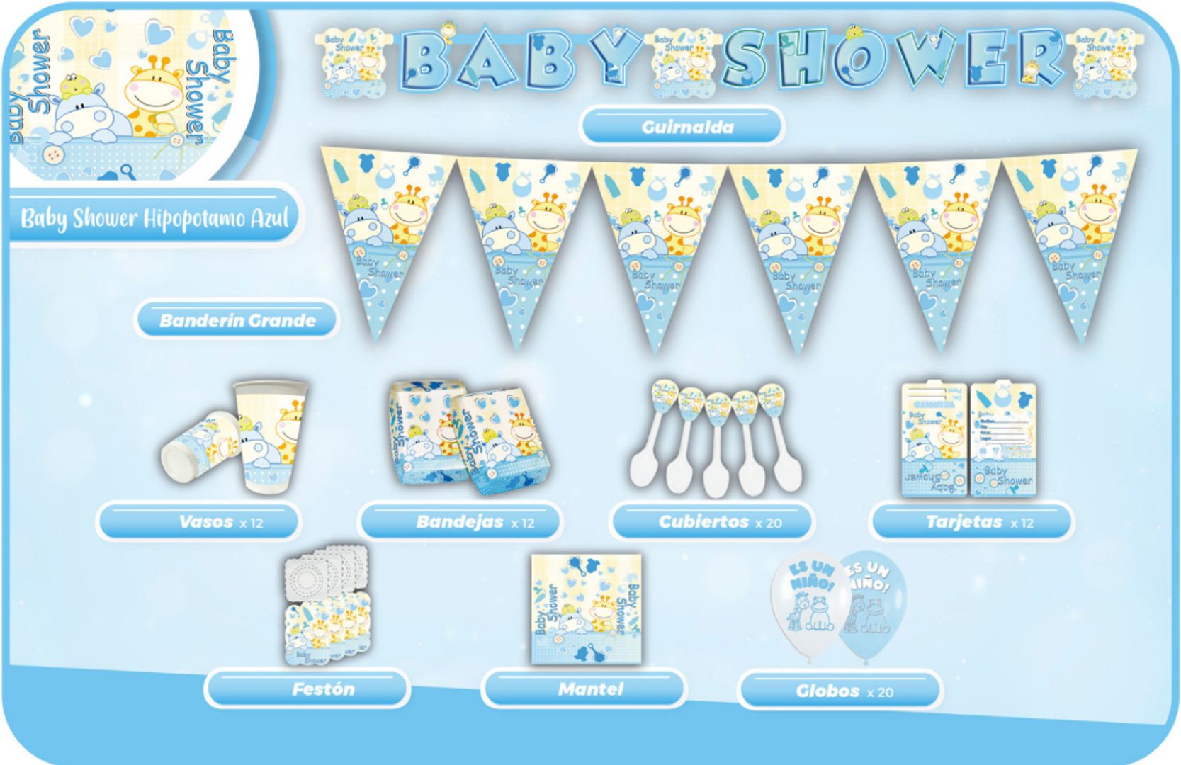 DECORACIÓN BABY SHOWER HIPOPÓTAMO AZUL 