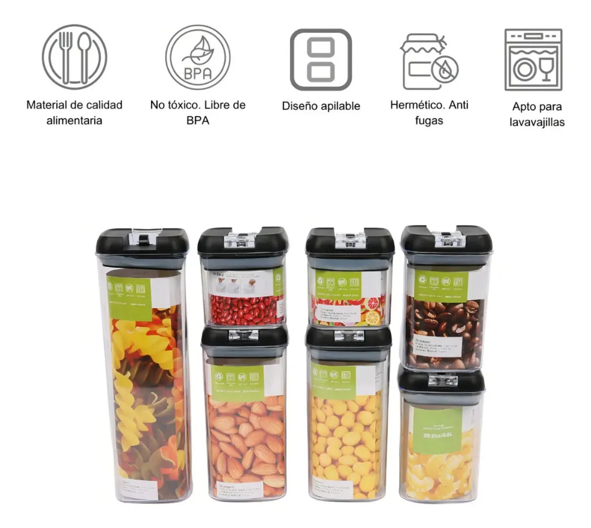 ORGANIZADOR FRASCO HERMETICO COCINA RECIPIENTE X7 COLOR NEGRO