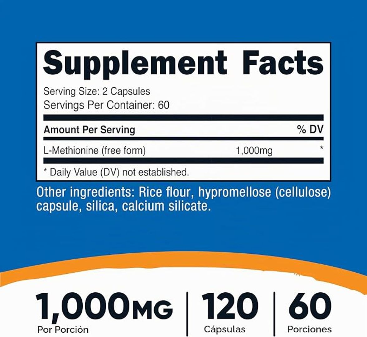 L metionina 1,000 mg 120 cápsulas, 60 porciones Nutricost 
