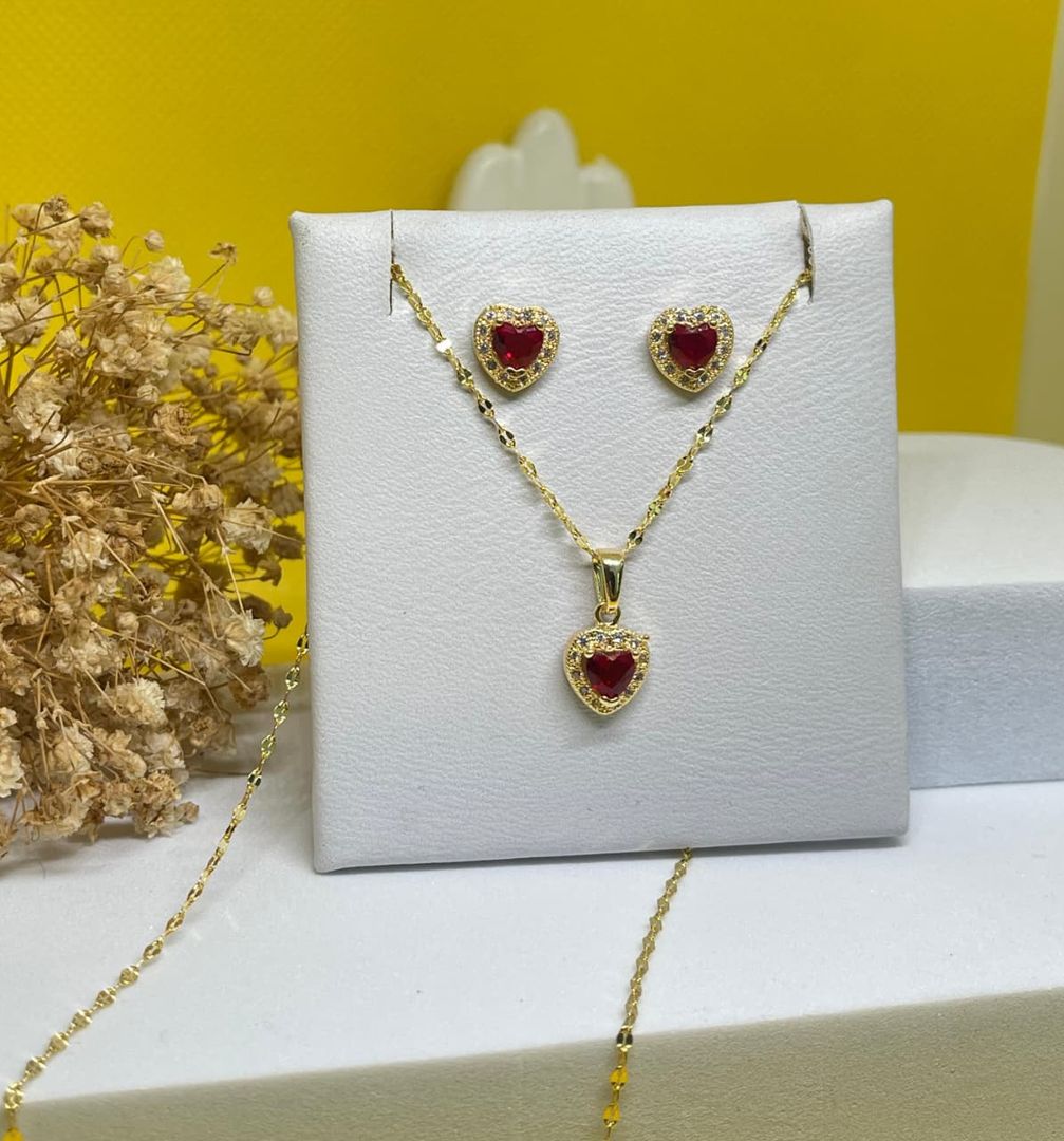 Conjunto cadena espejos 45cm + dije y topos corazon circonias cristal y rojo