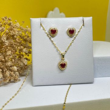 Imagen del producto Conjunto cadena espejos 45cm + dije y topos corazon circonias cristal y rojo