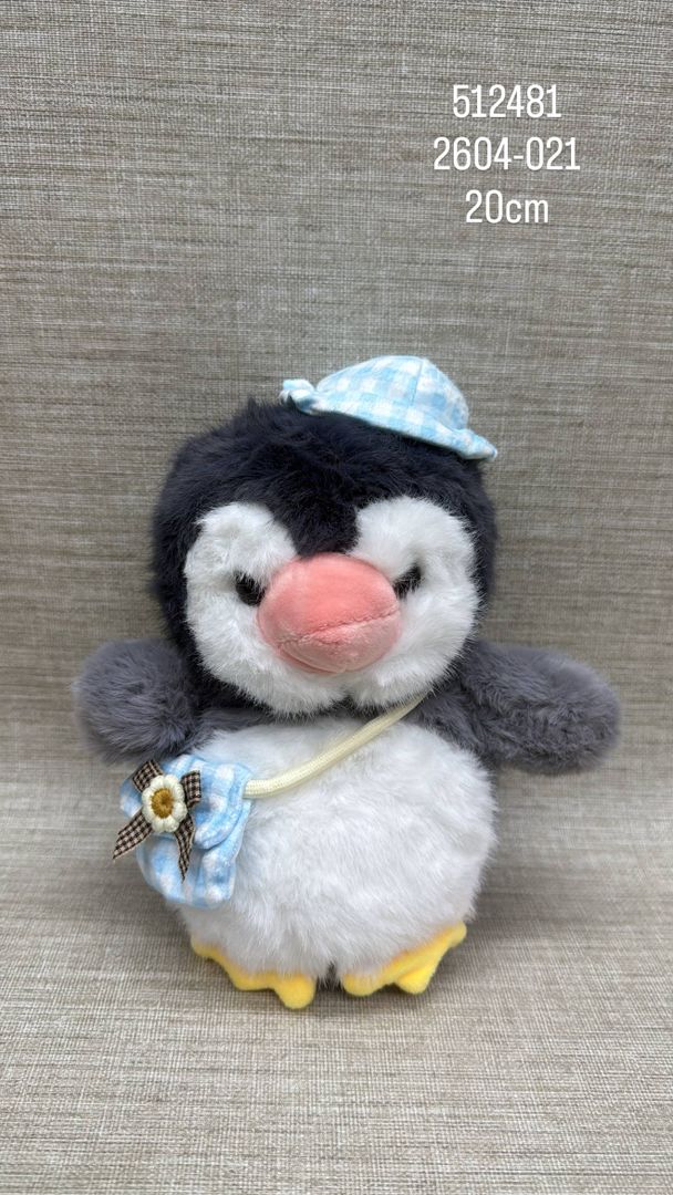 PINGUINO CON SOMBRERO Y BOLSO AZUL DE 20 CM