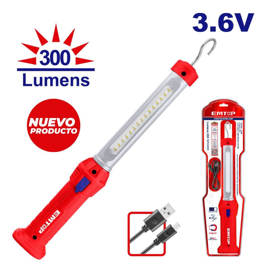 EMTOP LAMPARA RECARGABLE LED 300 LUMENS PARA TRABAJO CON GANCHO INCLUYE CABLE TIPO C CARGAR SUPER EMTOP